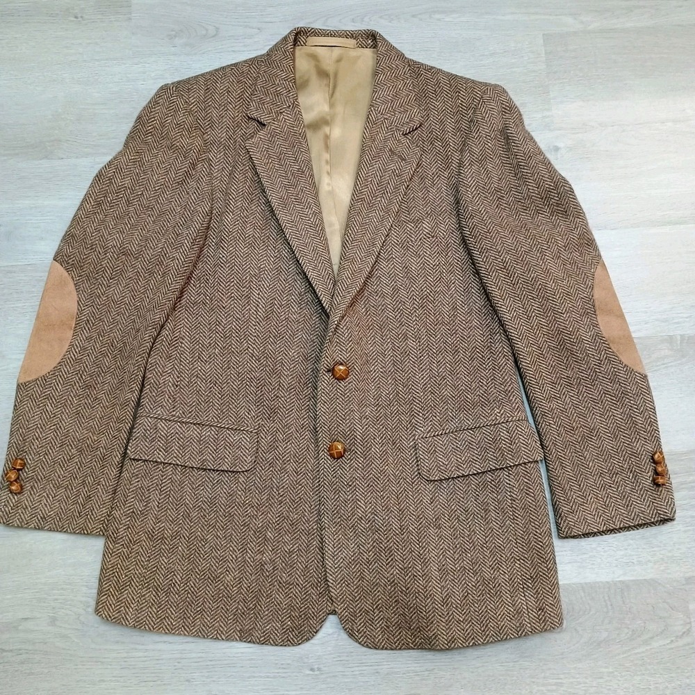 Vtg Woodmere Brown Tan Herringbone Wool Blazer Elbow Patch Blazer 40 R